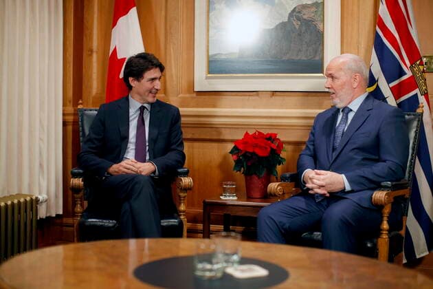 November 26, 2021, VICTORIA, BC, CAN: Premier John Horgan meets with Prime Minister Justin Trudeau at the legislature in Victoria, B.C., on Friday, November 26, 2021. VICTORIA CAN  - ZUMAc35_ 20211126_zaf_c35_220 Copyright: xChadxHipolitox