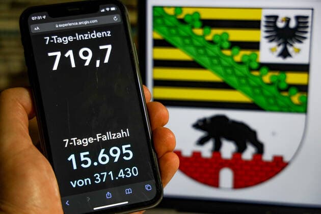 Coronavirus in Deutschland - Covid-19-Dashboard des Robert Koch-Institut DEU, Deutschland, Sachsen-Anhalt 28.11.2021: Die 7-Tage-Inzidenz für das Bundesland (Fälle letzte 7 Tage 100.000 EW) wird auf einem iPhone angezeigt, im Hintergrund das Landeswappen