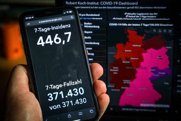 Coronavirus in Deutschland - Covid-19-Dashboard des Robert Koch-Institut 28.11.2021: Robert Koch-Institut: 7-Tage-Inzidenz 446,7. 7-Tage-Fallzahl 371.430. COVID-19-Fälle 5.761.696. Zugang um 44.401 dem Vortag. COVID-19-Todesfälle 100.883. Zugang um 104 gegenüber dem Vortag.