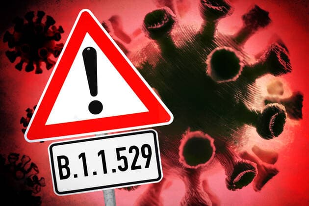 FOTOMONTAGE, Coronavirus und Warnschild, Symbolfoto Omikron-Variante B.1.1.529