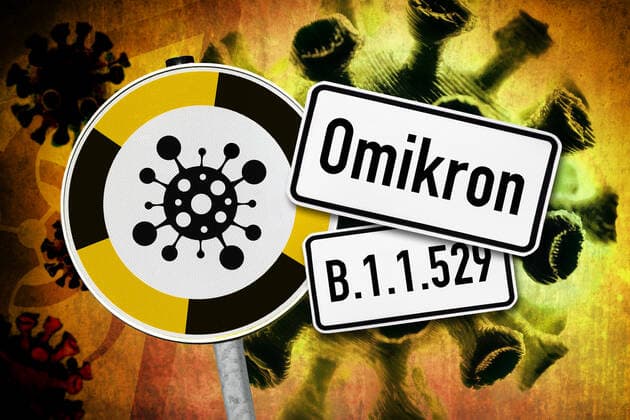 FOTOMONTAGE, Coronavirus und Warnschild, Symbolfoto Omikron-Variante B.1.1.529