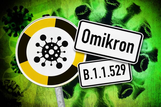 FOTOMONTAGE, Coronavirus und Warnschild, Symbolfoto Omikron-Variante B.1.1.529