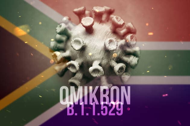 FOTOMONTAGE, Coronavirus mit Fahne von SÃ¼dafrika und Schriftzug Omikron, Symbolfoto Omikron-Variante B.1.1.529