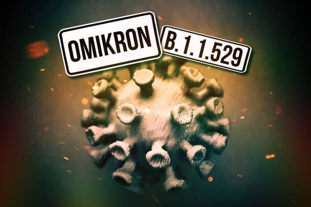 FOTOMONTAGE, Coronavirus mit Schriftzug Omikron, Symbolfoto Omikron-Variante B.1.1.529