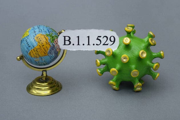 Coronamodell und Globus mit B.1.1.529 Coronamodell und Globus mit B.1.1.529, 30.11.2021, Borkwalde, Brandenburg, Zwischen einem Coronamodell und einem Globus steht der Schriftzug B.1.1.529.