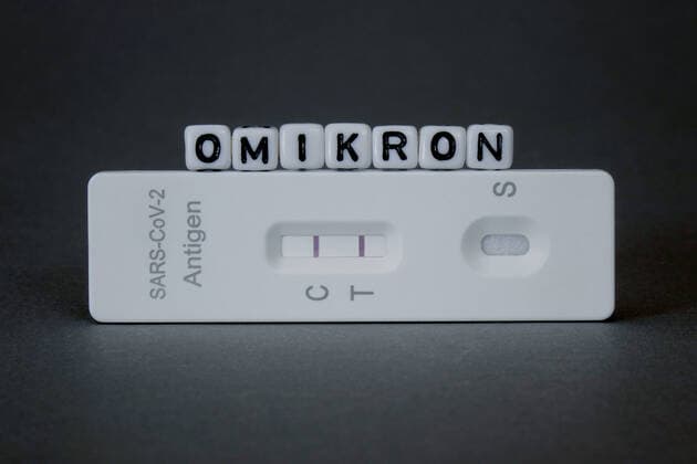 Testkit und Omikron Testkit und Omikron, 30.11.2021, Borkwalde, Brandenburg, Auf einem Testkit liegen Buchstabenwürfel mit dem Schriftzug Omikron.