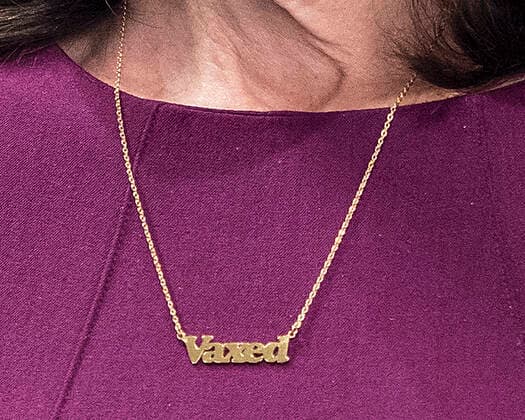 December 2, 2021, New York, New York, USA: Close up of Governor Kathy Hochul s necklace that says Vaxed when she updated New Yorkers on the state s progress combating COVID-19 during a press conference at her office in New York City on 02 Dec 2021. New York USA - ZUMAr334 20211202_znp_r334_018 Copyright: xDebraxL.xRothenbergx