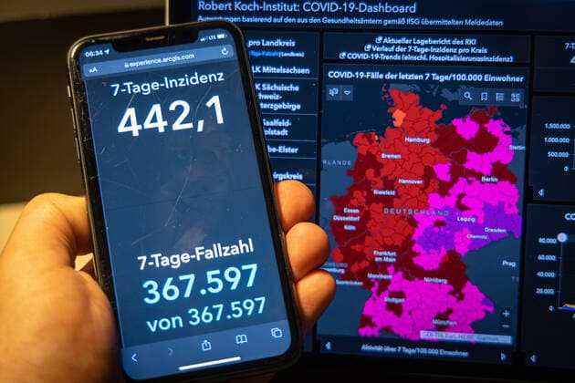 Coronavirus in Deutschland - Covid-19-Dashboard des Robert Koch-Institut 03.12.2021: Robert Koch-Institut (RKI): 7-Tage-Inzidenz 442,1. 7-Tage-Fallzahl 367.597. COVID-19-Fälle 6.051.560. Zugang um 74.352 gegenüber dem Vortag. COVID-19-Todesfälle 102.568. Zugang um 390 gegenüber dem Vortag.