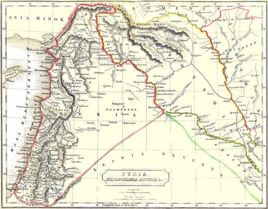 Map of ancient Syria published in 1900. The boundaries of Syria are shown to include Palestine as far as Gaza, all of Lebanon, and Antakya in Turkey. This corresponds quite closely to Syria before the French Mandate was imposed in 1920. Lebanon was separated from Syria by the French in 1926, and Turkey occupied Antakya unilaterally in 1939. Supplier:xCPAxMediaxCo.xLtd. 1060_05_CPA0008827