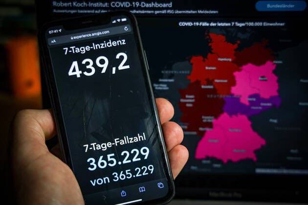 Coronavirus in Deutschland - Covid-19-Dashboard des Robert Koch-Institut 05.12.2021: Robert Koch-Institut: 7-Tage-Inzidenz 439,2. 7-Tage-Fallzahl 365.229. COVID-19-Fälle 6.158.125. Zugang um 42.044 gegenüber dem Vortag. COVID-19-Todesfälle 103.040. Zugang um 94 gegenüber dem Vortag.