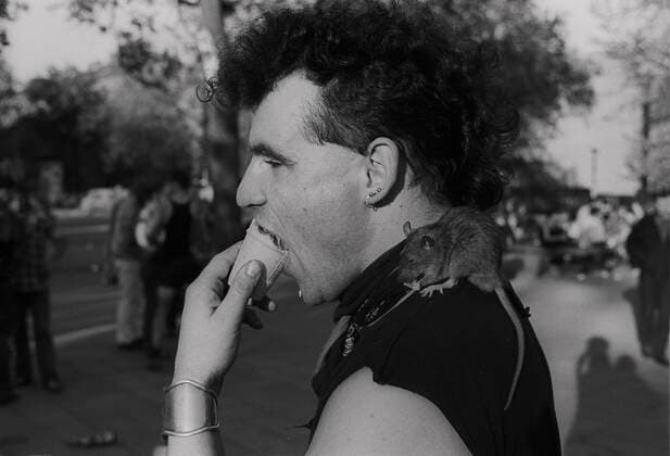 1. Mai Â 90 DDR, Berlin, 01.05.1990, 1.Mai 1990, Maifeier auf dem Kollwitzplatz, mit Ratte auf der Schulter, Â *** 1 May Â 90 GDR, Berlin, 01 05 1990, 1 May 1990, May Day celebration on the Kollwitzplatz, with rat on the shoulder, Â