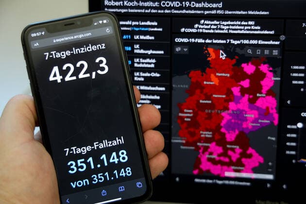 Coronavirus in Deutschland - Covid-19-Dashboard des Robert Koch-Institut (ACHTUNG KORRIGIERTE ZAHLEN) 09.12.2021 (Stand 8.39): Robert Koch-Institut: 7-Tage-Inzidenz 422,3. 7-Tage-Fallzahl 351.148. COVID-19-Fälle 6.362.232. Zugang um 70.611 gegenüber dem Vortag. COVID-19-Todesfälle 104.512. Zugang um 465 gegenüber dem Vortag. Laut RKI gab es zunächst technische Probleme. Dies sind die korrigierten Zahlen