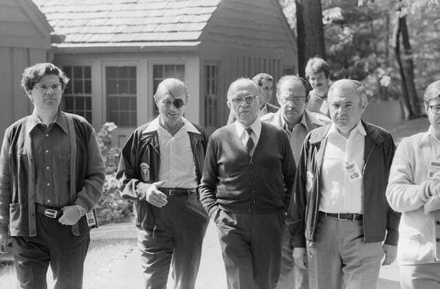 Menahem Begin with members of his Israeli delegation at Camp David. ca. 09 15 1978 1062_05_L_-11118-