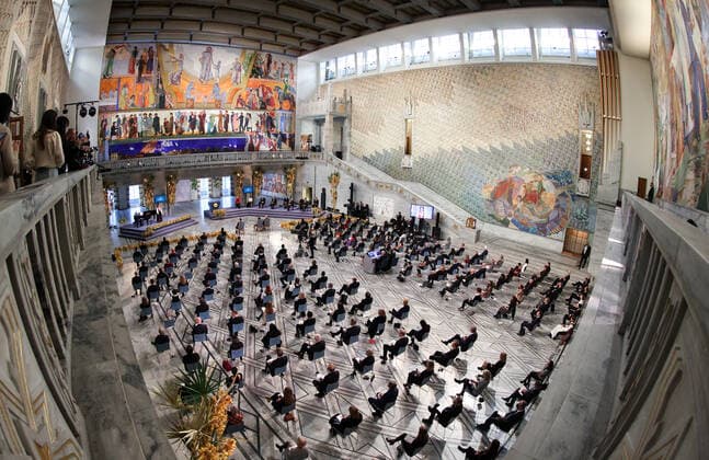 OSLO, NORWAY â€“ DECEMBER 10, 2021: The 2021 Nobel Peace Prize award ceremony at Oslo City Hall. The Norwegian Nobel Committee has decided to award the Nobel Peace Prize for 2021 to Philipino-American journalist Maria Ressa and Russian journalist Dmitry Muratov in recognition of their efforts to safeguard freedom of expression, which is a precondition for democracy and lasting peace . Sergei Bobylev TASS  TS11B5BF