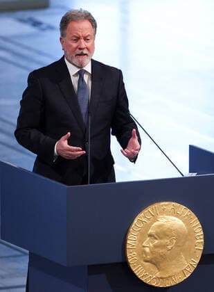OSLO, NORWAY â€“ DECEMBER 10, 2021: 2020 Nobel Peace Prize winner, World Food Programme Executive Director David Beasley speaks at the 2021 Nobel Peace Prize award ceremony at Oslo City Hall. The Norwegian Nobel Committee has decided to award the Nobel Peace Prize for 2021 to Philipino-American journalist Maria Ressa and Russian journalist Dmitry Muratov in recognition of their efforts to safeguard freedom of expression, which is a precondition for democracy and lasting peace . Sergei Bobylev TASS  TS11B5C0