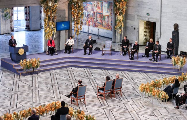 OSLO, NORWAY â€“ DECEMBER 10, 2021: 2020 Nobel Peace Prize winner, World Food Programme Executive Director David Beasley, Norwegian Nobel Committee Chairwoman Berit Reiss-Andersen, and 2021 Nobel Peace Prize winers Filipino-American journalist co-founder and CEO of Rappler Maria Ressa and Russian journalist, Novaya Gazeta editor-in-chief Dmitry Muratov (from L back) are seen during the 2021 Nobel Peace Prize award ceremony at Oslo City Hall. The Norwegian Nobel Committee has decided to award the Nobel Peace Prize for 2021 to Philipino-American journalist Maria Ressa and Russian journalist Dmitry Muratov in recognition of their efforts to safeguard freedom of expression, which is a precondition for democracy and lasting peace . Sergei Bobylev  TS11B5D0