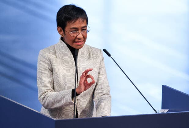OSLO, NORWAY â€“ DECEMBER 10, 2021: 2021 Nobel Peace Prize winner, Filipino-American journalist, co-founder and CEO of Rappler Maria Ressa delivers a Nobel lecture at the 2021 Nobel Peace Prize award ceremony at Oslo City Hall. The Norwegian Nobel Committee has decided to award the Nobel Peace Prize for 2021 to Maria Ressa and Dmitry Muratov in recognition of their efforts to safeguard freedom of expression, which is a precondition for democracy and lasting peace . Sergei Bobylev TASS  TS11B5EA