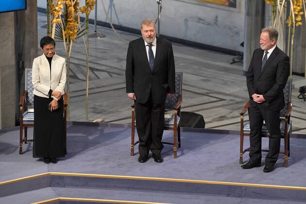 Philippine journalist Maria Ressa and Russian journalist Dmitry Muratov receive their Nobel Peace Prize for their courageous fight for freedom of expression in the face of authoritarian governments during the Nobel Peace Prize Award Ceremony 2021 at the Oslo City Town Hall in Norway. Both have been subject to threats for their reporting on human rights abuses and corruption carried out by the governments of Philippine President Rodrigo Duterte and Russian President Vladimir Putin respectively. DECEMBER 10th 2021  RHDx21651
