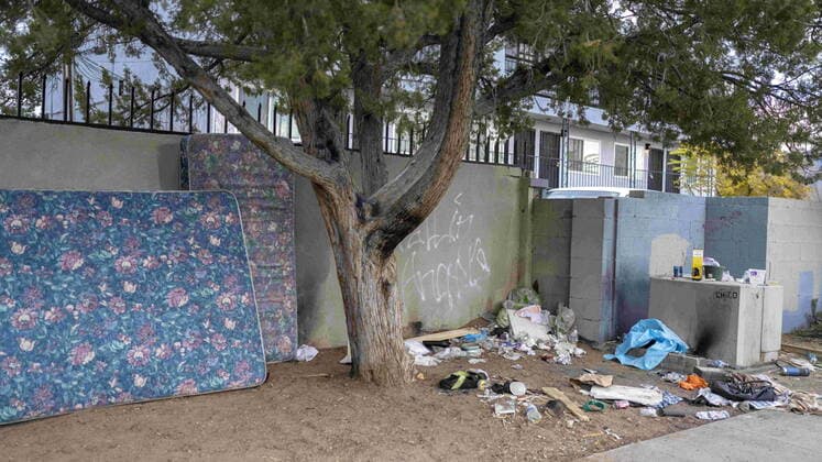 December 8, 2021, Albuquerque, NEW MEXICO, USA: .Story on the Fentanyl crisis in Albuquerque. Pictured is an area where homeless people sleep and smoke fentanyl and sits next to an apartment complex near Chico and Pennsylvania SE..Albuquerque, New Mexico Albuquerque Journal. Albuquerque USA - ZUMAab1_ 20211208_zaf_ab1_010 Copyright: xRobertoxE.xRosalesx