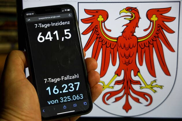 Coronavirus in Deutschland - Covid-19-Dashboard des Robert Koch-Institut DEU, Deutschland, Brandenburg 12.12.2021: Die 7-Tage-Inzidenz für das Bundesland (Fälle letzte 7 Tage 100.000 EW) wird auf einem iPhone angezeigt, im Hintergrund das Landeswappen
