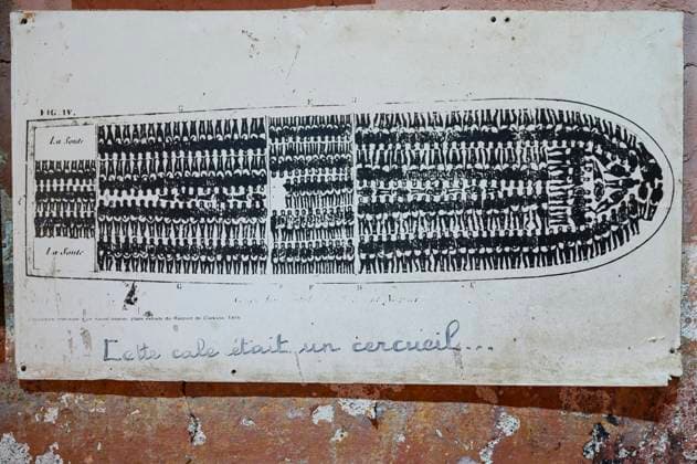 Senegal, slavery Senegal, Dakar, ÃŽle de GorÃ e, Goree island, the island was once used for slave trade, museum old slave house , Maison des Esclaves, museum display drawing of slave ship