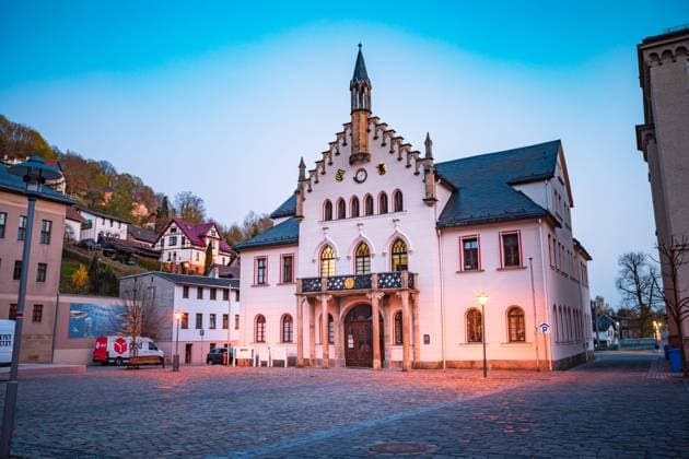 SONNEBERG, GERMANY - CIRCA APRIL, 2019: The Old City Hall alias Altes Rathaus of Sonneberg town, Thuringia, Germany
