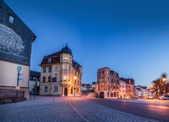 SONNEBERG, GERMANY - CIRCA APRIL, 2019: Unterer Markt alias Lower Market of Sonneberg town in the evening, Thuringia, Germany