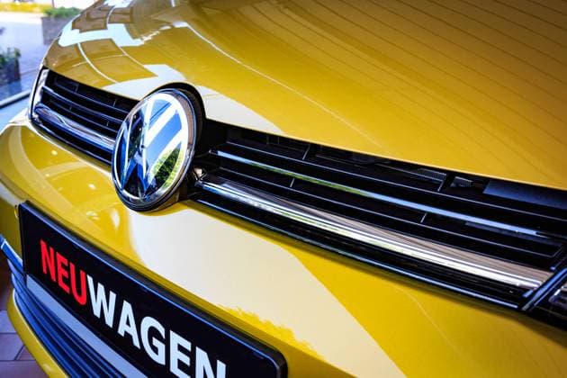 WOLFSBURG, GERMANY - CIRCA JULY 17: The front grill and Logo of VW Golf 8 with electric engine