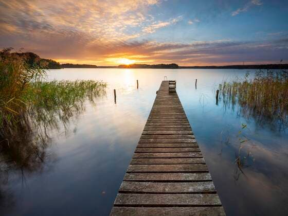 Sonnenuntergang am Großen Lychensee, Holzsteg im Schilf, Lychen, Brandenburg, Deutschland, Europa *** Sunset at the Großer Lychensee, wooden footbridge in the reeds, Lychen, Brandenburg, Germany, Europe Copyright: imageBROKER/AndreasxVitting iblavi07191577.jpg