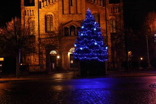 Ein Weihnachtsbaum steht vor der Kirche St. Peter und Paul in Potsdam, 19. Dezember 2021. Weihnachten *** A Christmas tree stands in front of the church St Peter and Paul in Potsdam, 19 December 2021 Christmas
