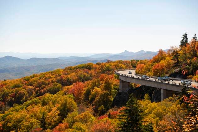 Cars on bridge over autumn trees against clear sky Asheville, North Carolina, United States CR_BRHU211219-887523-01