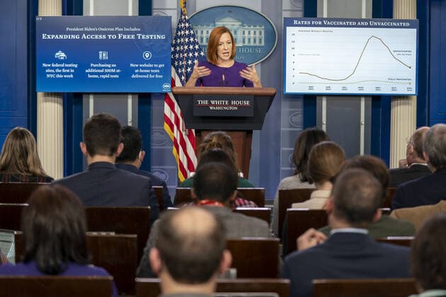 White House Press Secretary Jen Psaki participates in a news conference during which she took questions on US President Joe Biden s COVID-19 situation at the White House, in Washington, DC, on Tuesday, December 21, 2021.  WAP20211221504 KenxCedeno