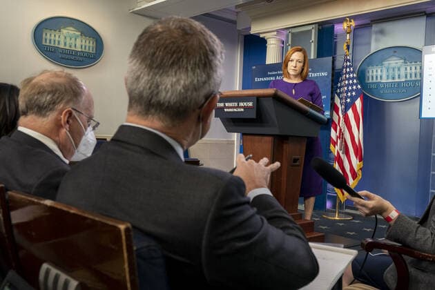 White House Press Secretary Jen Psaki participates in a news conference during which she took questions on US President Joe Biden s COVID-19 situation at the White House, in Washington, DC, on Tuesday, December 21, 2021.  WAP20211221507 KenxCedeno