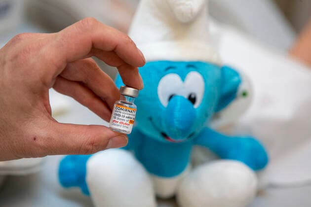 Illustration picture shows the childrens vaccine Cominarty vial during the opening of the vaccination for kids from five to eleven years old, Wednesday 22 December 2021, at the Pacheco test and vaccination centre.  NICOLASxMAETERLINCK 3161077