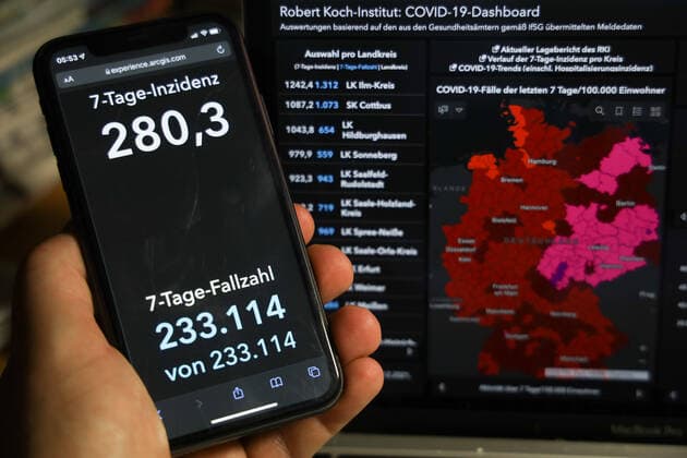 Coronavirus in Deutschland - Covid-19-Dashboard des Robert Koch-Institut 23.12.2021: Robert Koch-Institut: 7-Tage-Inzidenz 280,3. 7-Tage-Fallzahl 233.114. COVID-19-Fälle 6.923.636. Zugang um 44.927 gegenüber dem Vortag. COVID-19-Todesfälle 109.749. Zugang um 425 gegenüber dem Vortag.