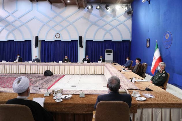 December 25, 2021, Tehran, Tehran, Iran: A handout picture provided by the Iranian presidency on December 25, 2021, shows Iran s President EBRAHIM RAISI chairing a meeting of the national staff against the coronavirus in the capital Tehran. Tehran Iran - ZUMAi98_ 20211225_zih_i98_022 Copyright: xIranianxPresidencyx