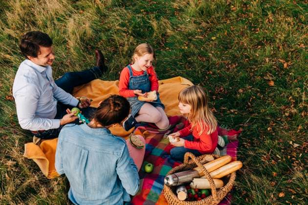 Happy family having food together at picnic model released, ASGF01676
