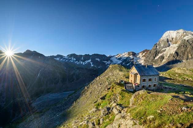 Hintergrathutte refuge in Ortler Alps at sunrise, ANSF00115