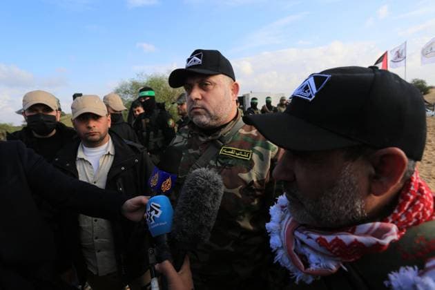 December 29, 2021, Rafah, Gaza Strip, Palestinian Territory: Ayman Nofal, a leader in the Izz al-Din al-Qassam Brigades, the military wing of Hamas speaks during Palestinian factions hold a joint military exercise in Rafah in the southern of Gaza strip, on December 29, 2021 Rafah Palestinian Territory - ZUMAap3_ 20211229_zaf_ap3_128 Copyright: xAshrafxAmrax
