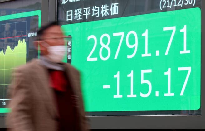 News Themen der Woche KW52 December 30, 2021, Tokyo, Japan - A pedestrian passes before a share prices board in Tokyo on Thursday, December 30, 2021. Japan s share prices closed at 28,791.71 yen at the Tokyo Stock Exchange, the highest year end finish since 1989 amid pandemic of the new coronavirus.  , aflo_177526441.jpg,