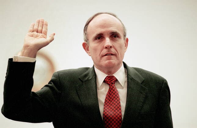 February 24, 1999, Washington, District of Columbia, USA: Mayor Rudy Giuliani (Republican of New York) is sworn-in before giving testimony before a United States House Criminal Justice, Drug Policy, and Human Resources Subcommittee hearing on his efforts against drugs and crime in New York City on February 24, 1999 Washington USA - ZUMAs152 19990224_zaa_s152_002 Copyright: xRonxSachsx