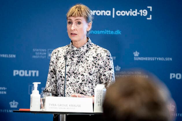 Faglig direktoer i Statens Serum Institut Tyra Grove Krause under Boerne- og Undervisningsministeriets pressemoede om rammerne for boernenes tilbagevenden til skole, i Eigtveds Pakhus i Koebenhavn, tirsdag den 4. januar 2022.. , Copenhagen Denmark Copyright: RitzauxScanpix MadsxClausxRasmussenx cop103 spdk20220104-111704-L