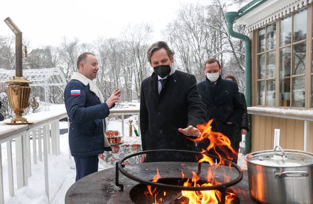 MOSCOW REGION, RUSSIA â€“ JANUARY 6, 2022: The German Chancellor s foreign and security policy adviser Jens Plotner (C front) and the French president s diplomatic advisor Emmanuel Bonne (R) are seen in Arkhangelskoye museum estate before Normandy format talks with Deputy Chief of Staff of Russiaâ€™s Presidential Executive Office Dmitry Kozak (not pictured). The talks will discuss Ukraine crisis de-escalation and strengthening strategic stability in Europe. Sergei Bobylev TASS  TS11E243