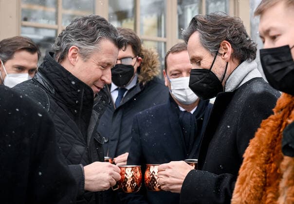 MOSCOW REGION, RUSSIA â€“ JANUARY 6, 2022: The German Chancellor s foreign and security policy adviser Jens Plotner (2nd R) and the French president s diplomatic advisor Emmanuel Bonne (3rd R) are seen in the Arkhangelskoye museum estate before Normandy format talks with Deputy Chief of Staff of Russiaâ€™s Presidential Executive Office Dmitry Kozak (not pictured). The talks will discuss Ukraine crisis de-escalation and strengthening strategic stability in Europe. Grigory Sysoyev POOL TASS  TS11E28B