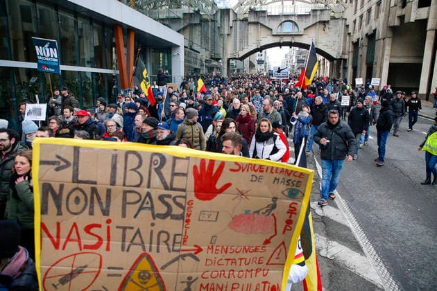 Illustration picture shows a protest against corona measures under the together for freedom moniker, Sunday 09 January 2022 in Brussels.  NICOLASxMAETERLINCK 3169719