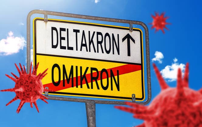 Deltakron neue Covid-19 Coronavirus Mutante Mutation des Sars Cov 2 Virus eine Mischung aus der Delta und Omikron Variante, Warnschild Symbol Delta Kron xFOTOMONTAGEx
