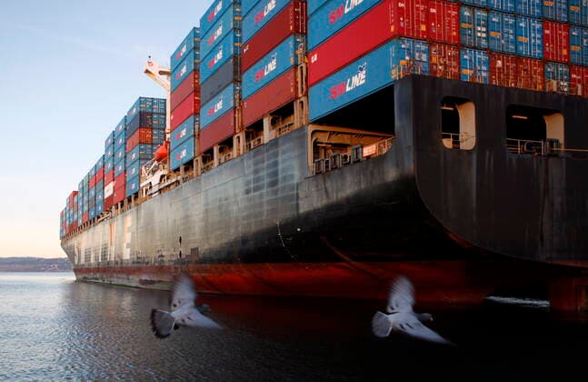 January 9, 2022, VICTORIA, BC, CANADA: The Korean cargo ship SM Busan is docked at the Ogden Point cruise terminal for repairs, in Victoria, B.C., on Sunday, January 9, 2022. The ship ran into engine troubles a week ago while on its way back to Korea. The 304m ship is the first cargo ship to ever dock at the terminal and will take a crew of twenty several weeks to a month to fix while in port. VICTORIA CANADA  - ZUMAc35_ 20220109_zaf_c35_020 Copyright: xChadxHipolitox