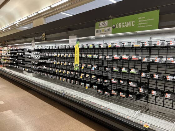 ALEXANDRIA, VA - JANUARY 9: View of empty shelves a a Wegmans Supermarket as the omicron covid variant causes widespread supply chain delays resulting in empty shelves in many food markets on January 9, 2022 in Alexandria, Virginia. Copyright: xmpi34x