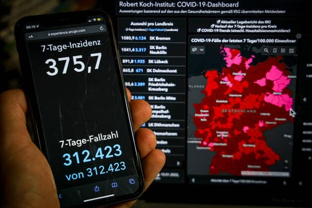Coronavirus in Deutschland - Covid-19-Dashboard des Robert Koch-Institut 10.01.2022: Robert Koch-Institut: 7-Tage-Inzidenz 375,7. 7-Tage-Fallzahl 312.423. COVID-19-Fälle 7.535.691. Zugang um 25.255 gegenüber dem Vortag. COVID-19-Todesfälle 114.029. Zugang um 52 gegenüber dem Vortag.