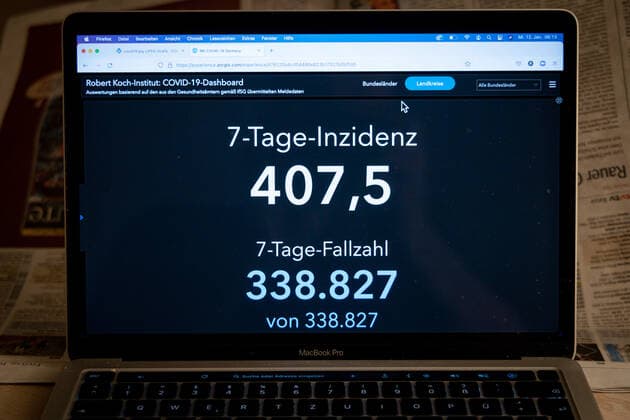 Coronavirus in Deutschland - Covid-19-Dashboard des Robert Koch-Institut 12.01.2022: Robert Koch-Institut: 7-Tage-Inzidenz 407,5. 7-Tage-Fallzahl 338.827. COVID-19-Fälle 7.661.811. Zugang um 80.430 gegenüber dem Vortag. COVID-19-Todesfälle 114.735. Zugang um 384 gegenüber dem Vortag.